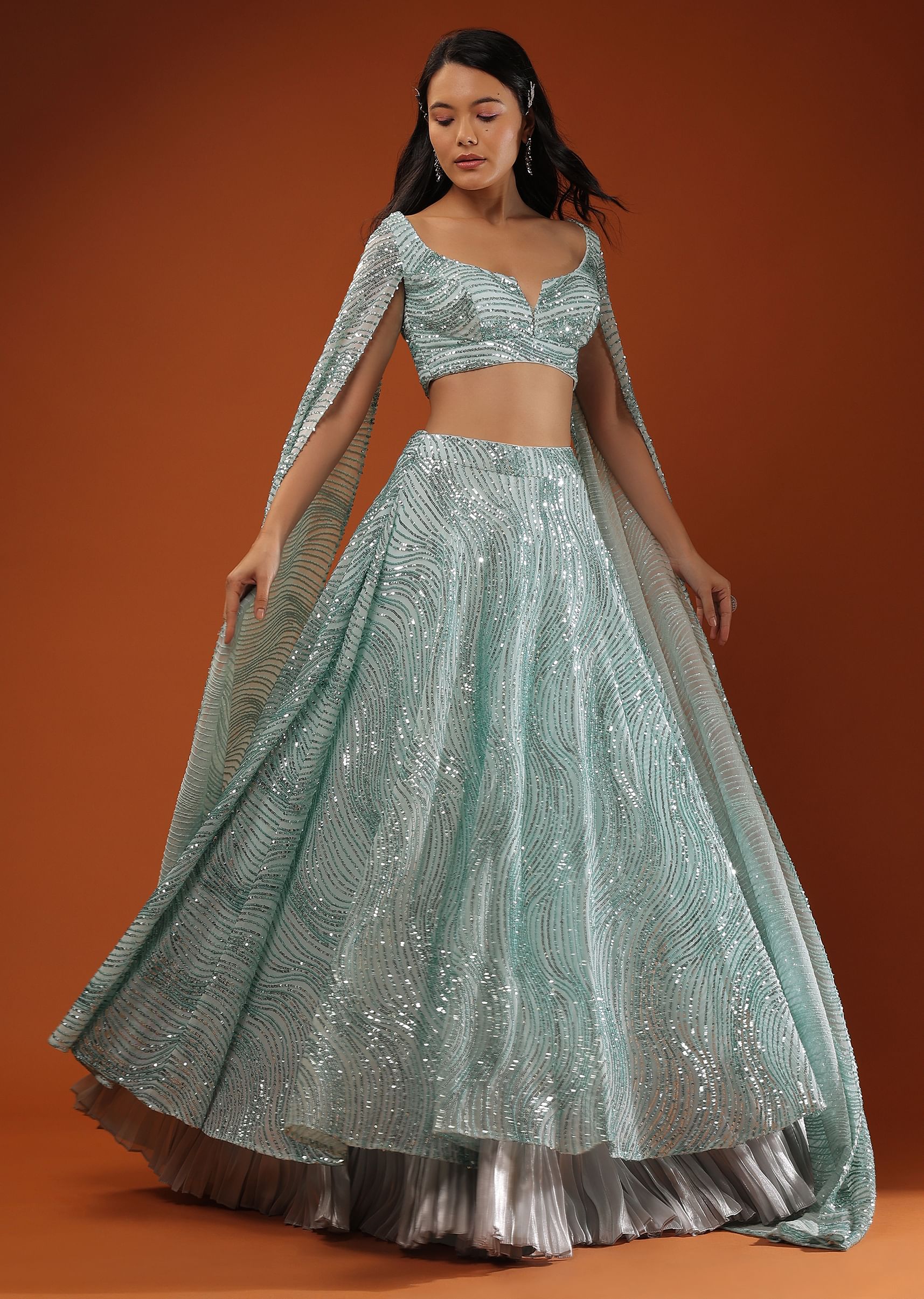 Buy Blue Lehenga Crop Top Set with Long Cape Sleeve and Embroidery work