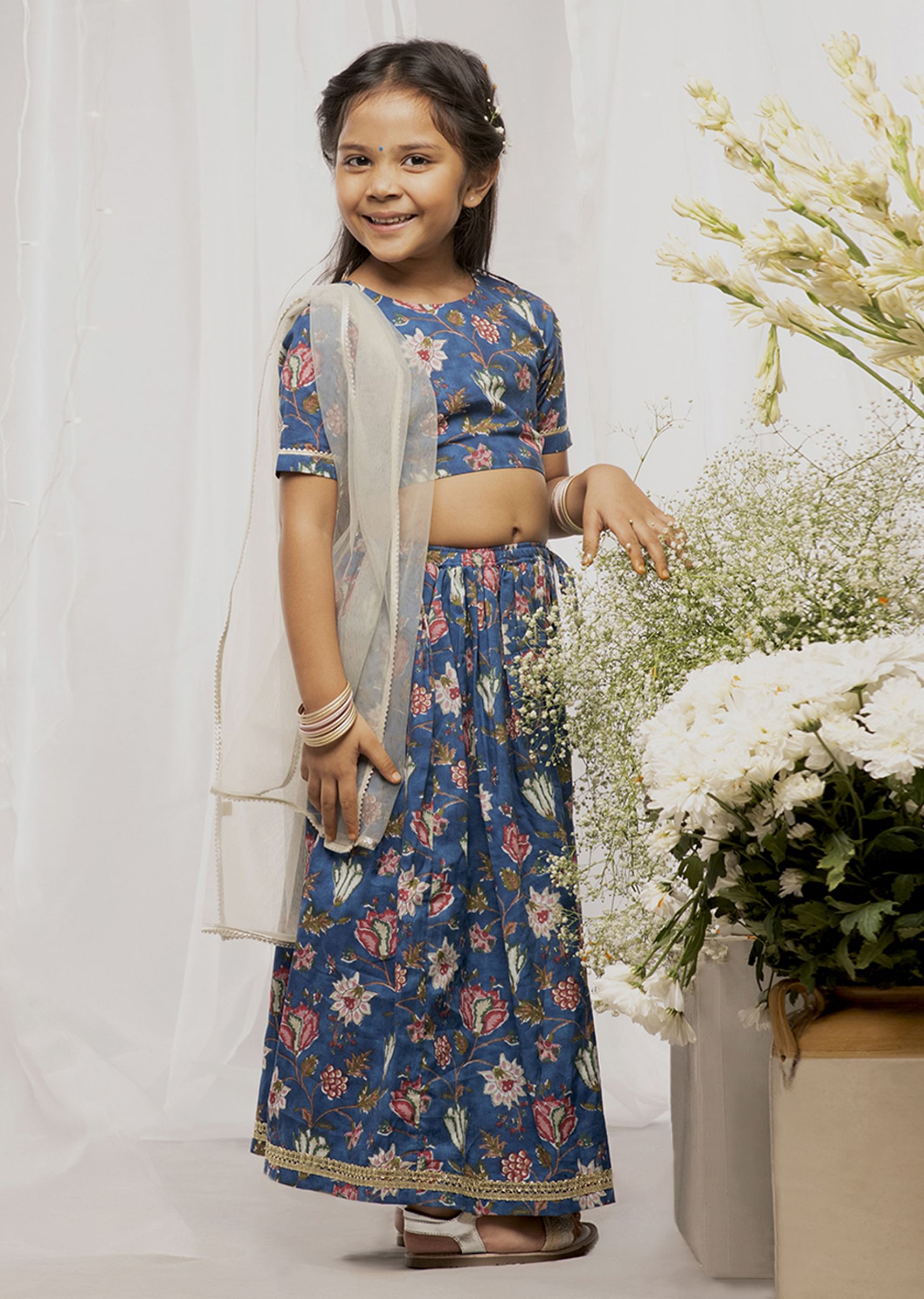Buy Blue Lehenga Choli Crop top Set with Floral Print for girls KALKI Fashion Global