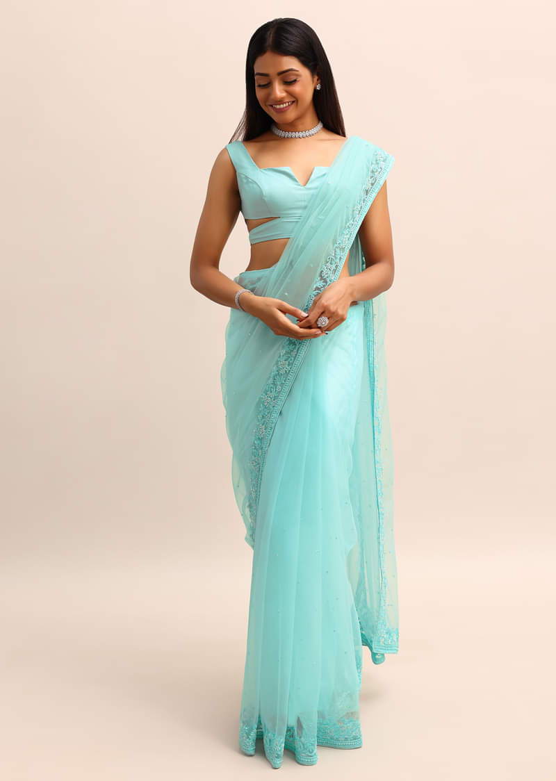 Blue Net Cutdana Saree With Beads Embroidered Border And Unstitched Blouse
