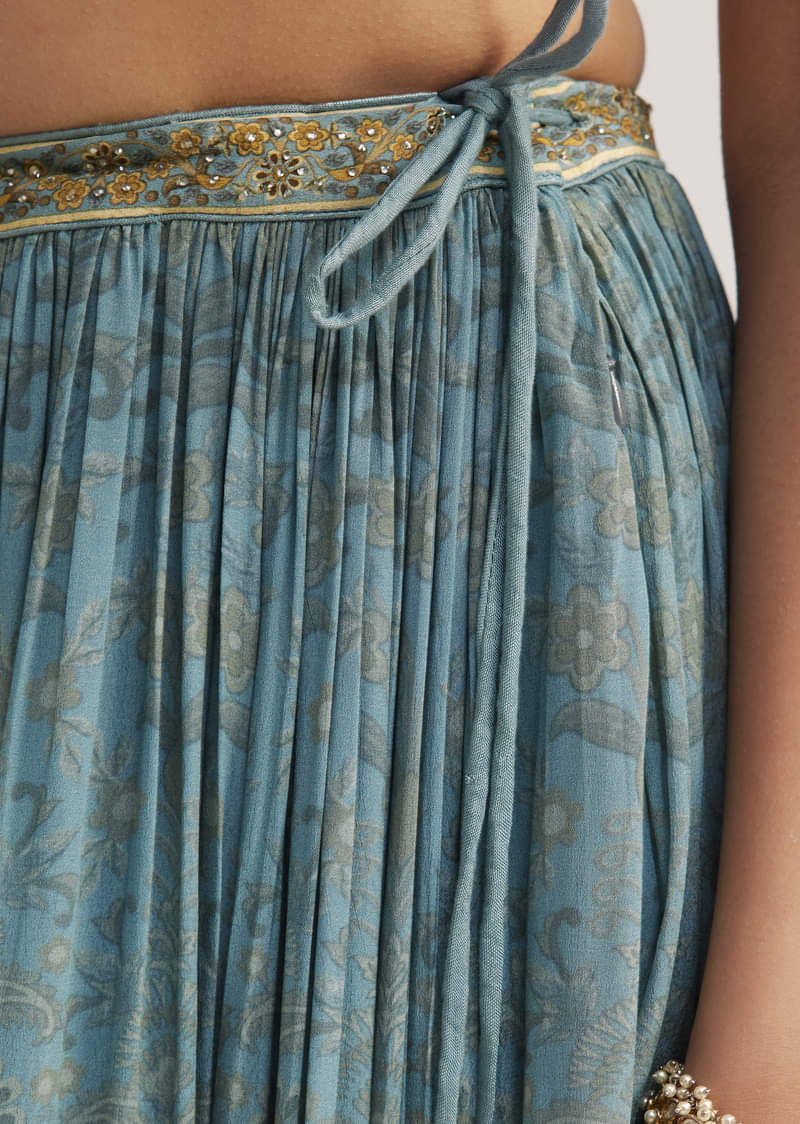 Blue Ombre Crepe Kurta Palazzo Set With Embellished Net Dupatta