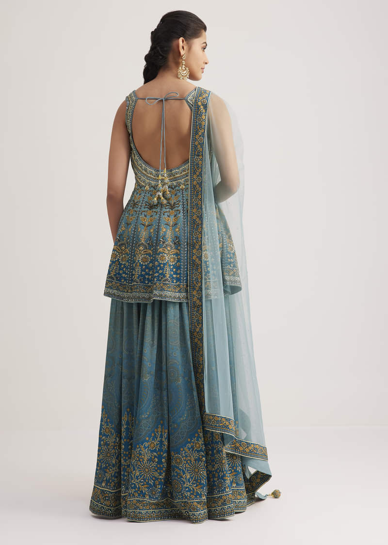 Blue Ombre Crepe Kurta Palazzo Set With Embellished Net Dupatta