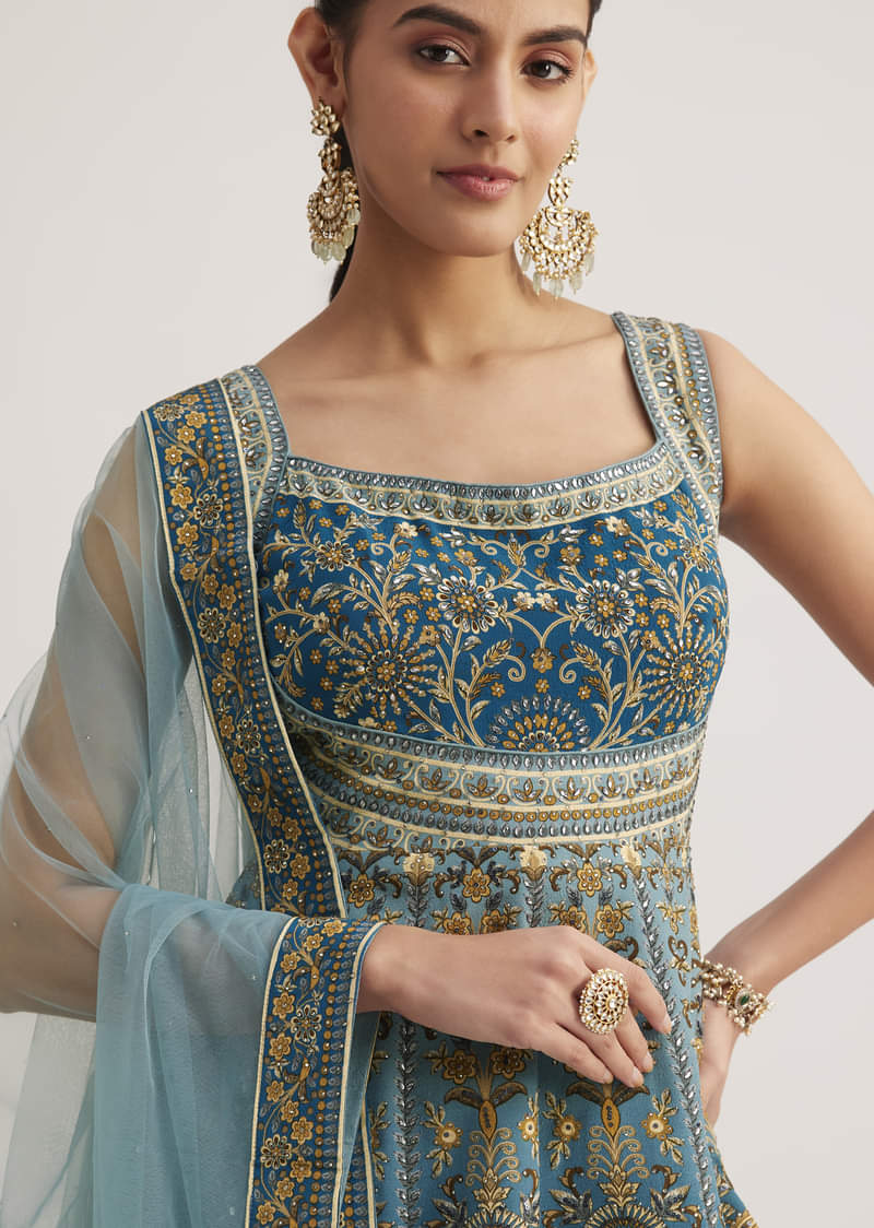 Blue Ombre Crepe Kurta Palazzo Set With Embellished Net Dupatta