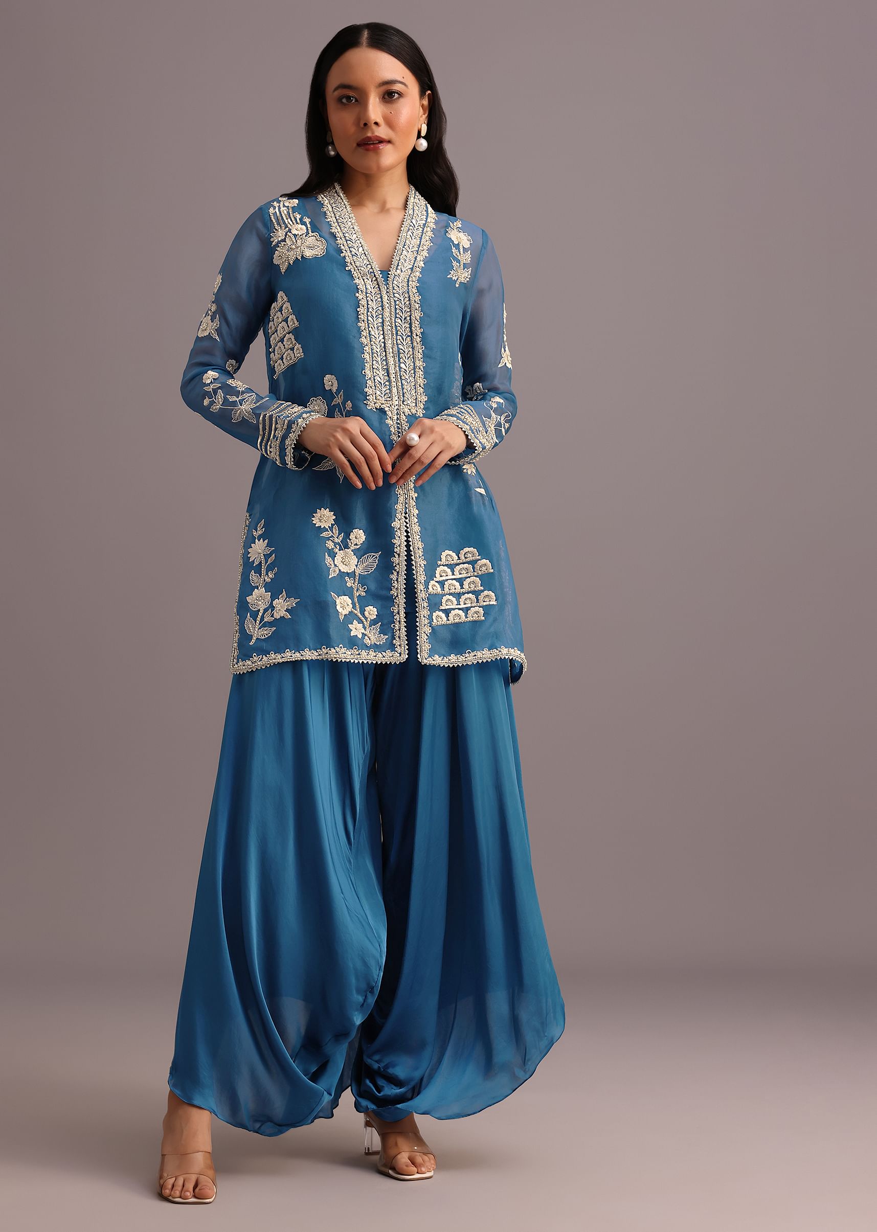 Buy Blue Resham Work Kurti Palazzo Suit