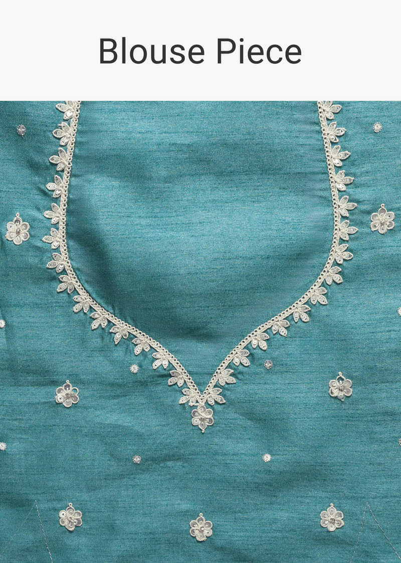 Blue Satin Saree With Printed Detail And Unstitched Blouse Piece