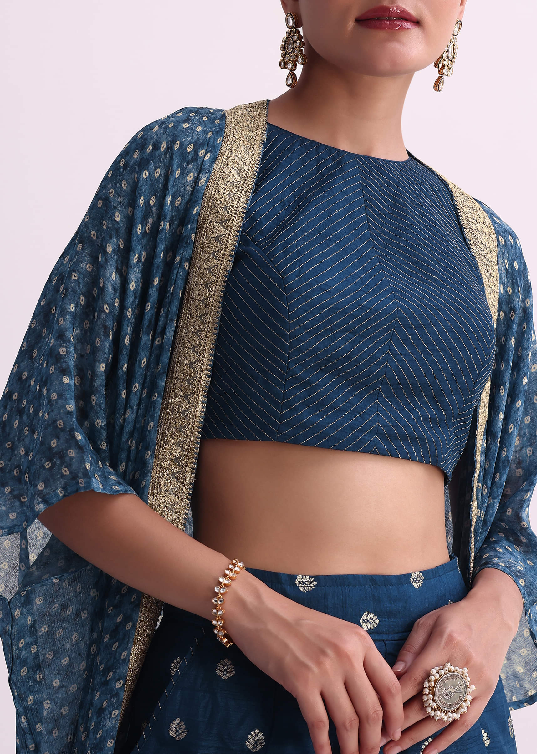 Buy Blue Silk Crop Top And Pant Set With Bandhani Print Jacket Buy Blue Silk Crop Top And Pant Set With Bandhani Print Jacket