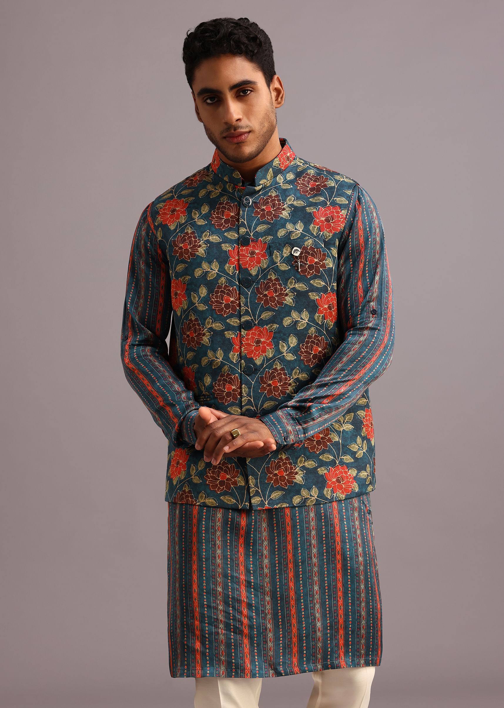Buy Blue Silk Floral And Stripe Print Jacket Kurta Set