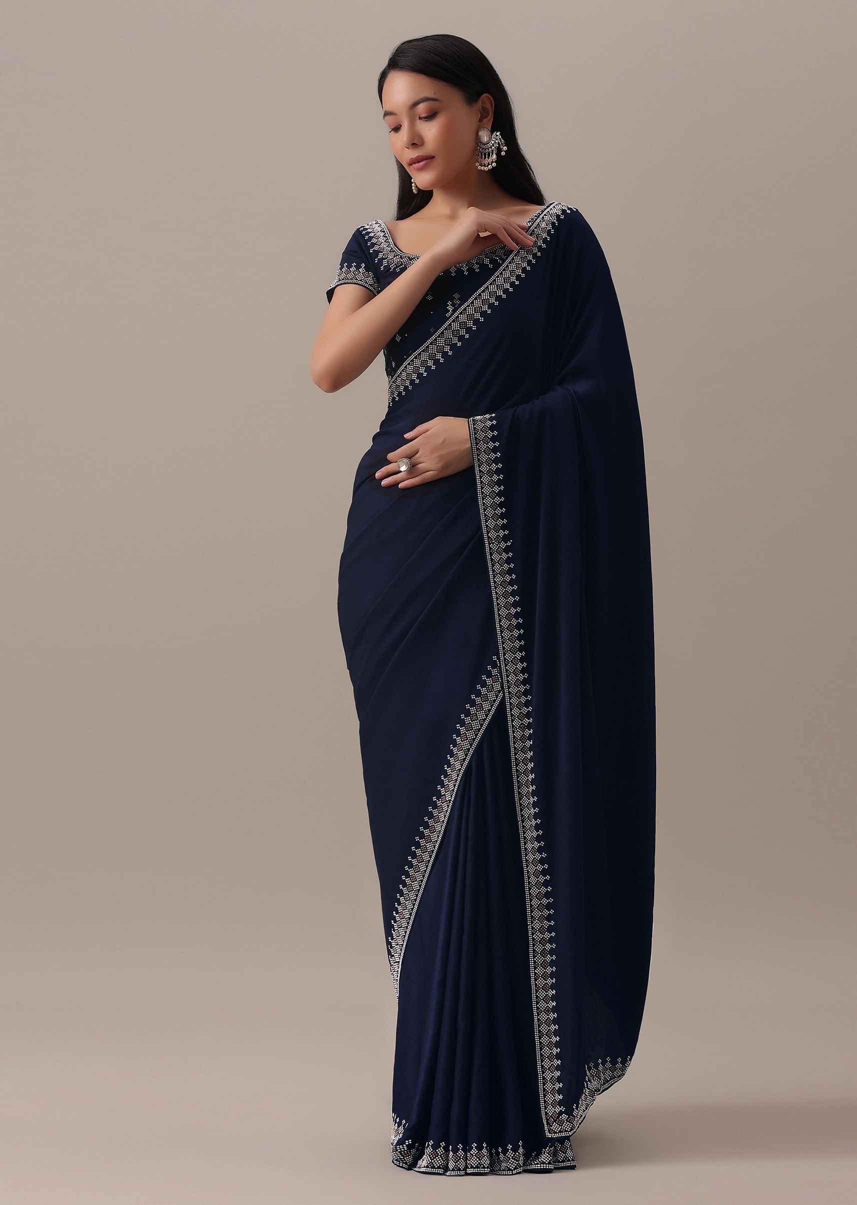 Buy Blue Stone Embellished Saree In Satin