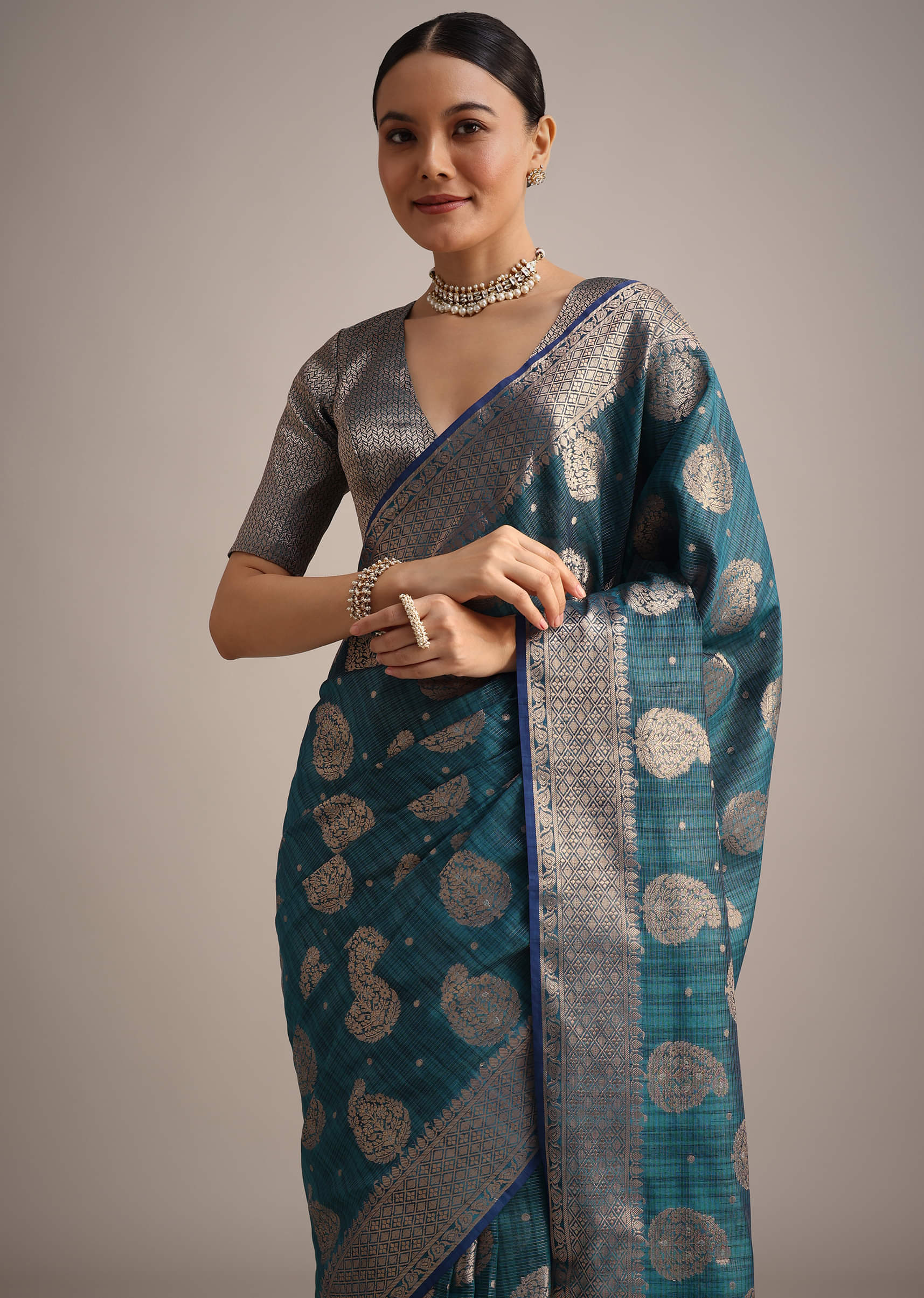 Buy Blue Tissue Silk Handloom Saree With Zari Border And Butti Work