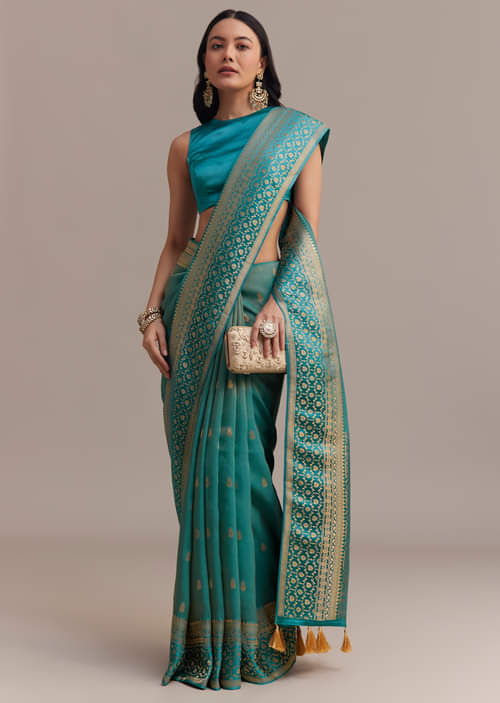 Blue Tissue Silk Saree With Chanderi Zari Weaving