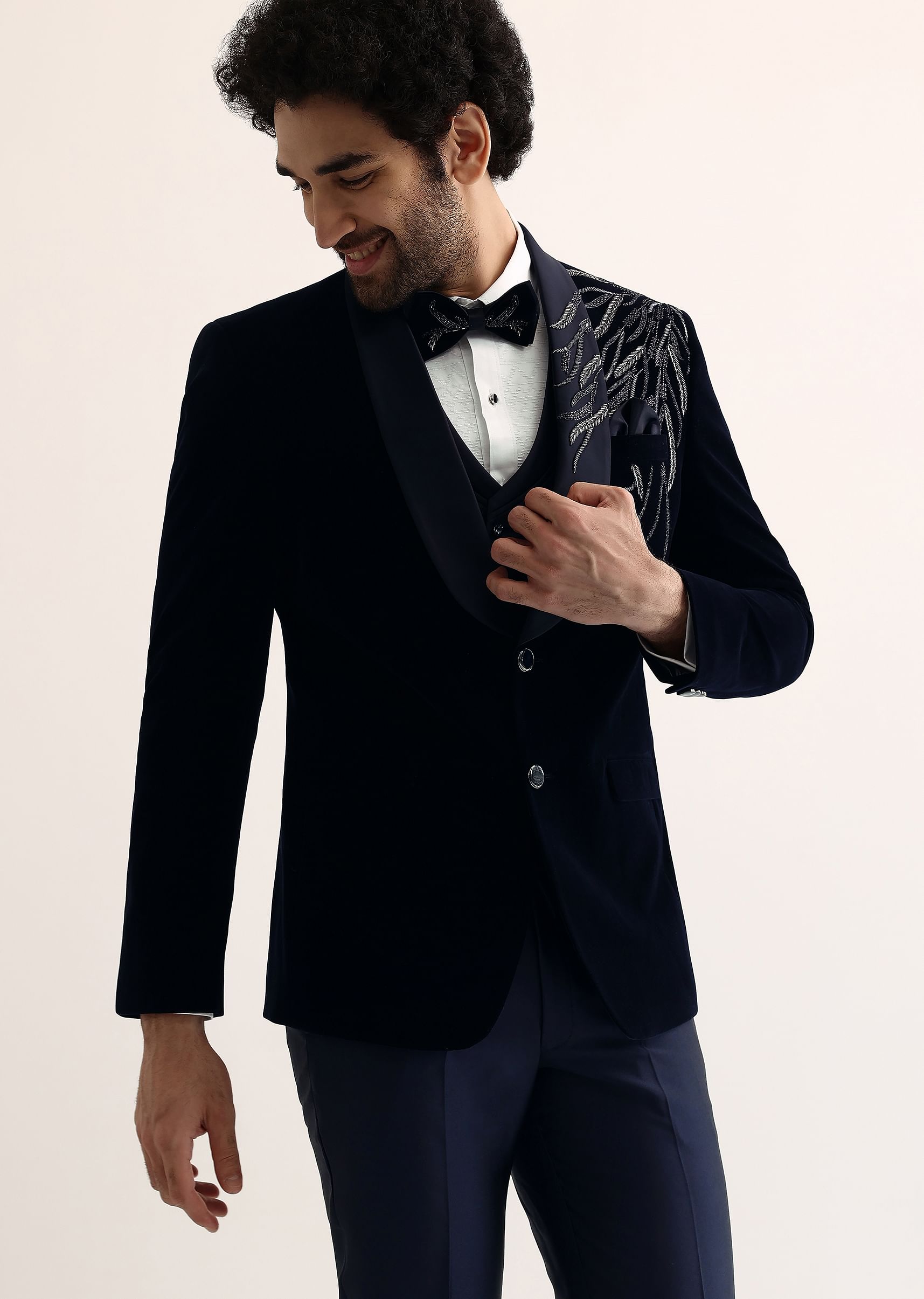 Buy Blue Velvet Cut Dana Embroidered Tuxedo KALKI Fashion Global