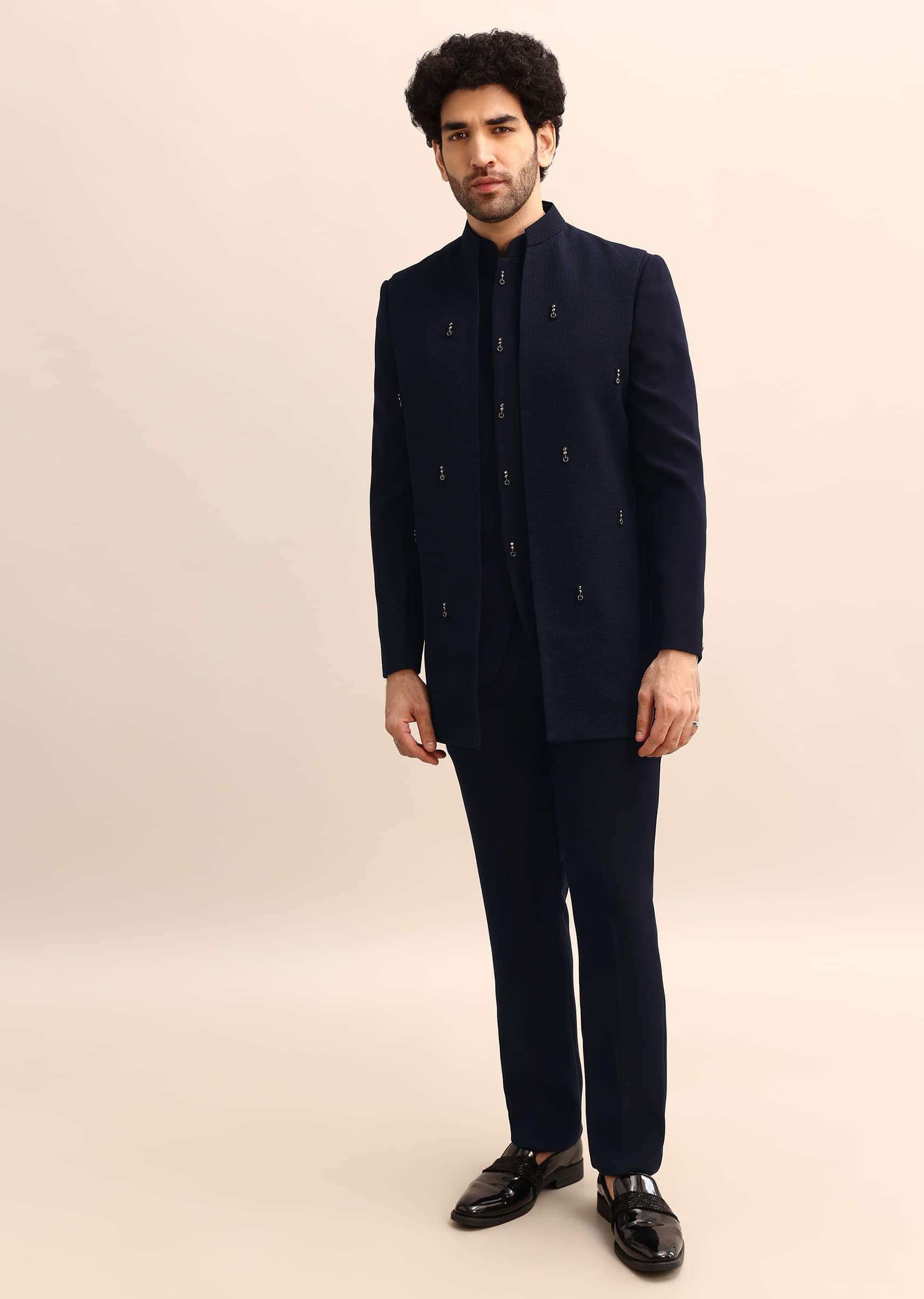 Buy Blue Jacquard 3 Pc Bandhgala Jodhpuri Suit