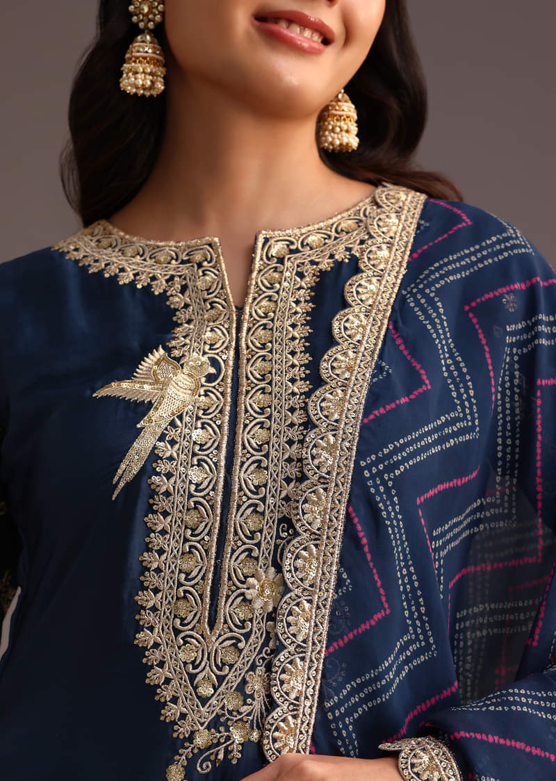 Blue Zari Work Palazzo Suit With Organza Dupatta