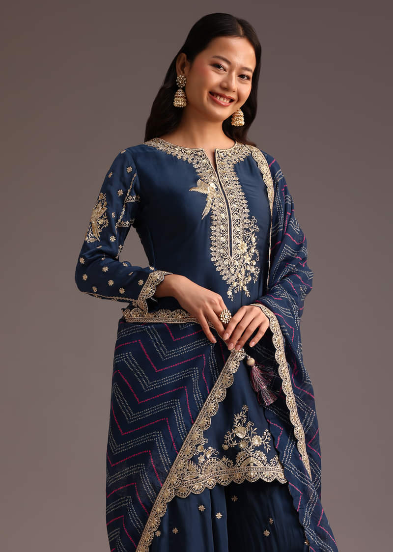 Blue Zari Work Palazzo Suit With Organza Dupatta