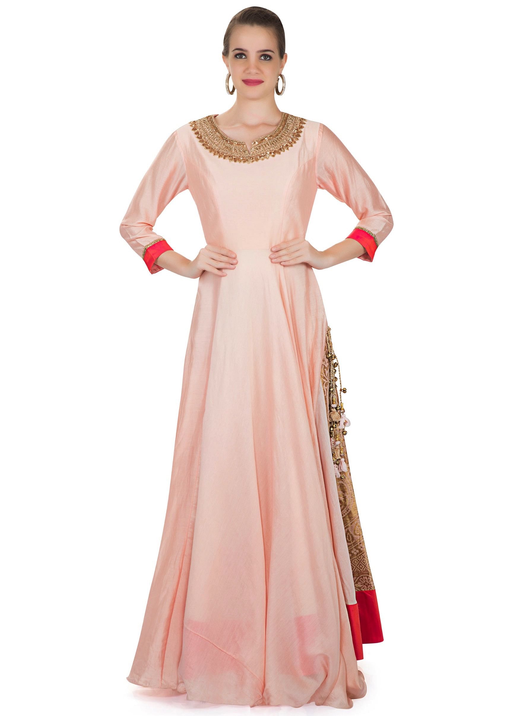 Buy Divyanka Tripathi In Kalki Blush Pink Cotton Silk Gown With Brocade Side Kali KALKI Fashion Global