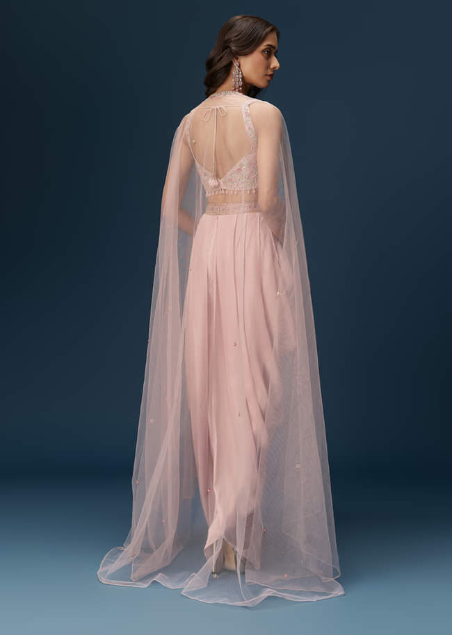 Blush Pink Dhoti Set With Embroidered Blouse And Soft Dupatta