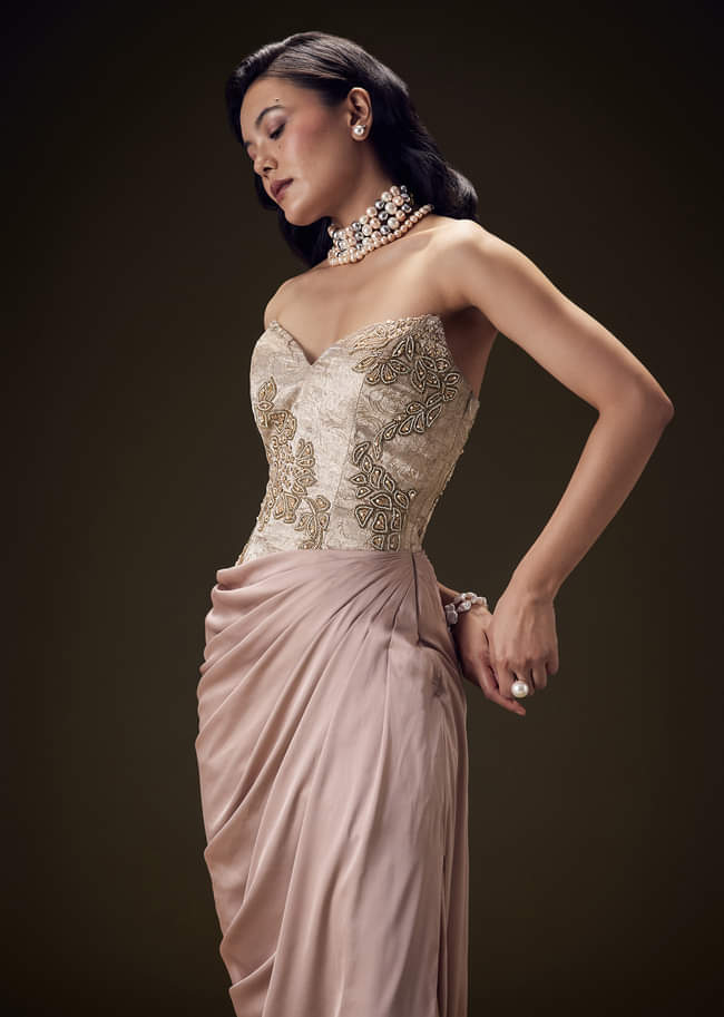 Blush Peach Embroidered Brocade Corset Gown With Drape And Side Slit