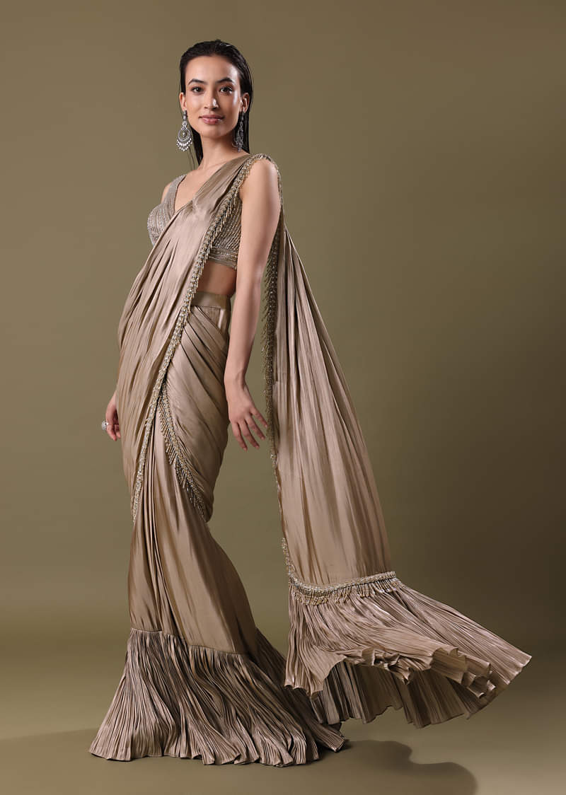 Blush Pink Pre-Stitched Frill Saree With Sequin Blouse