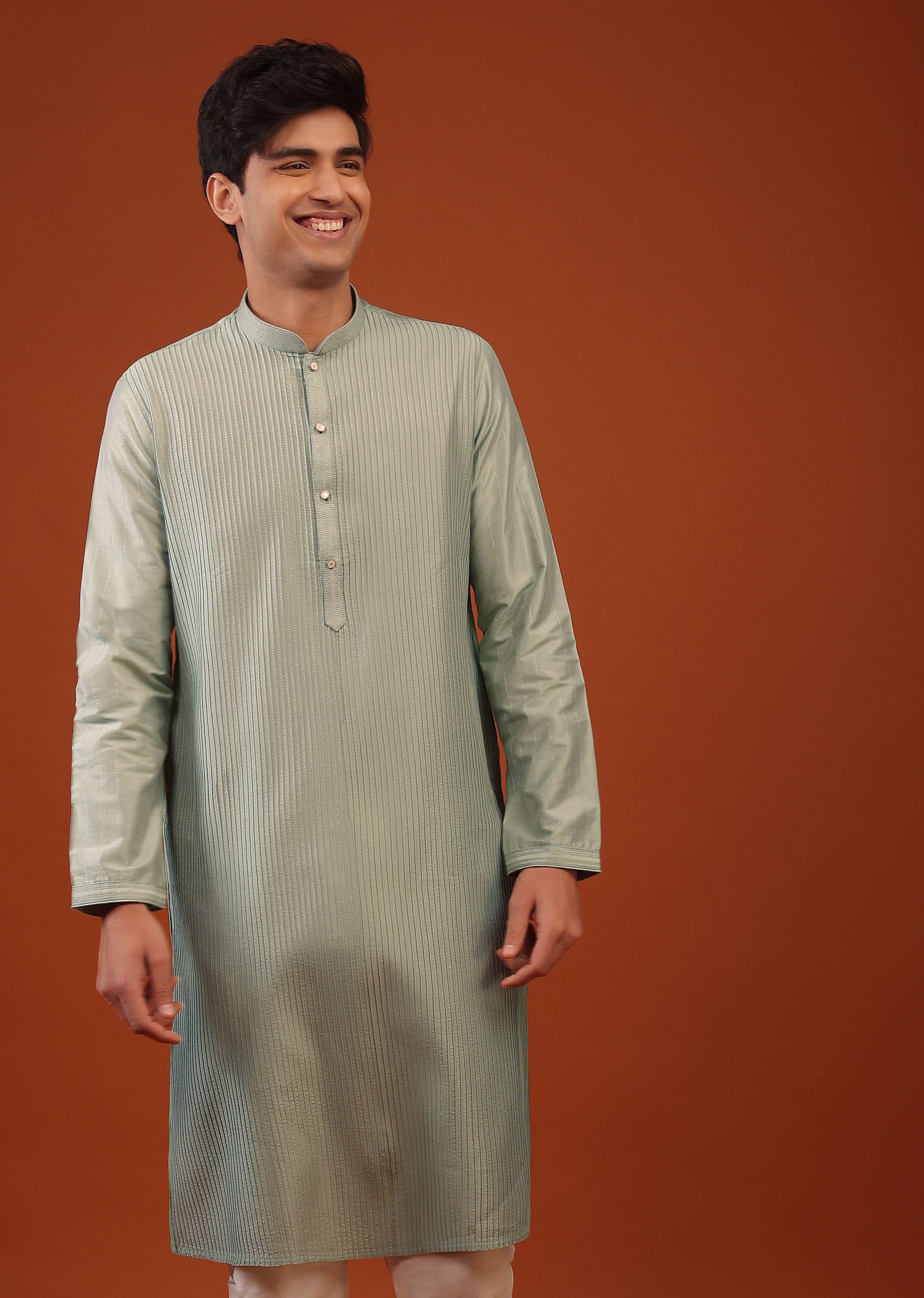 Buy Moss Green Striped Zari Woven Silk Kurta Set