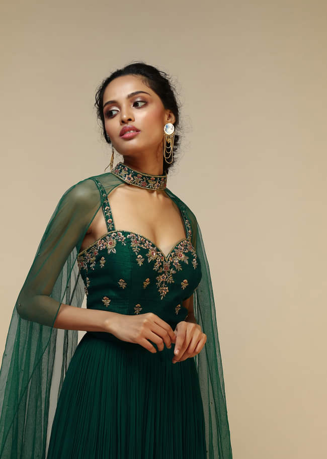 Bottle Green Anarkali Gown With Hand Embroidered Floral Design Using Multi Colored Sequins And Cut Dana Work  
