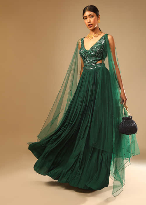 Buy Bottle Green Gown In Crepe With Side Cut Outs In The Hand