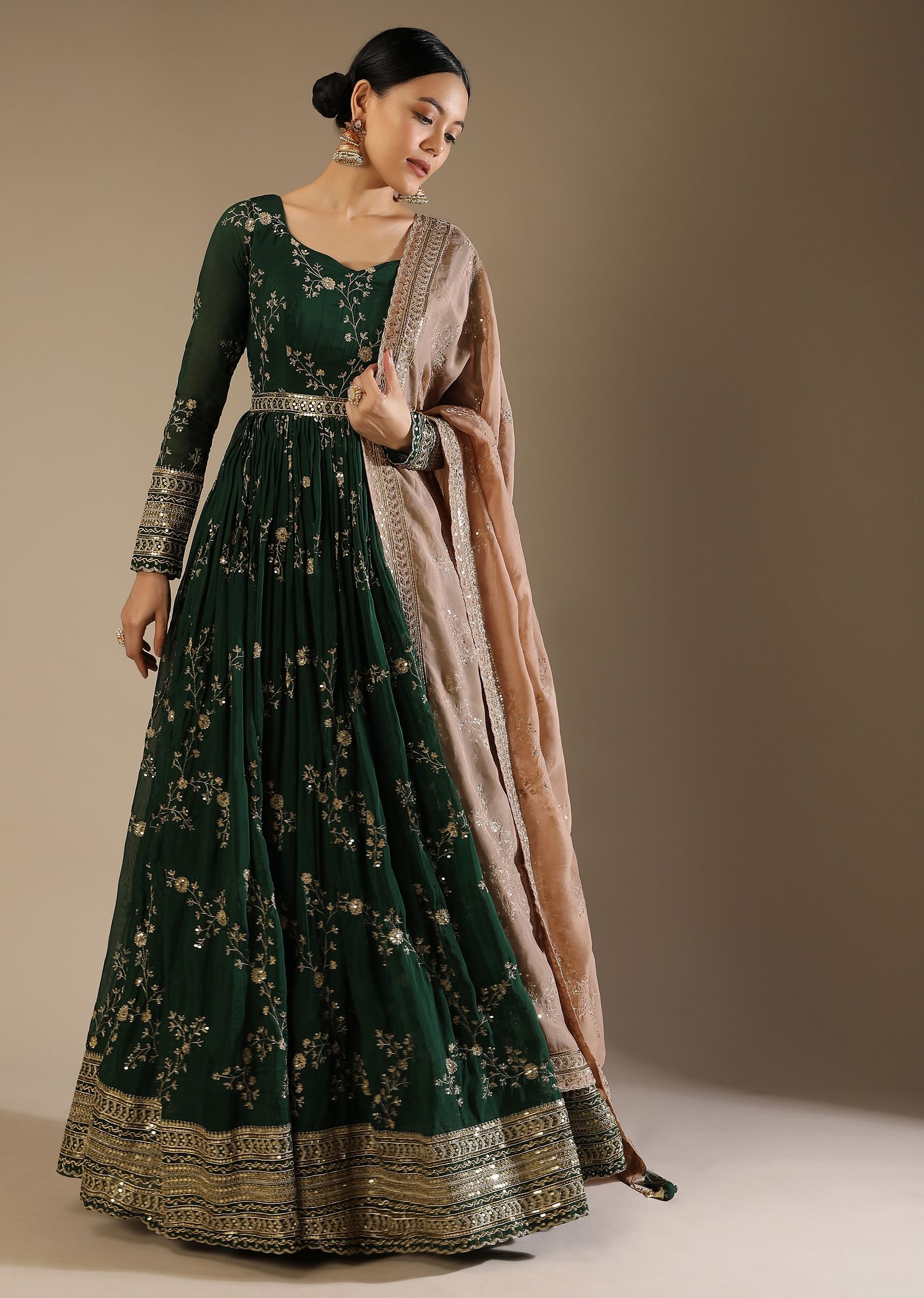 Buy Bottle Green Anarkali Suit in Silk with Zari and Sequins Embroidered Floral Jaal Online in India
