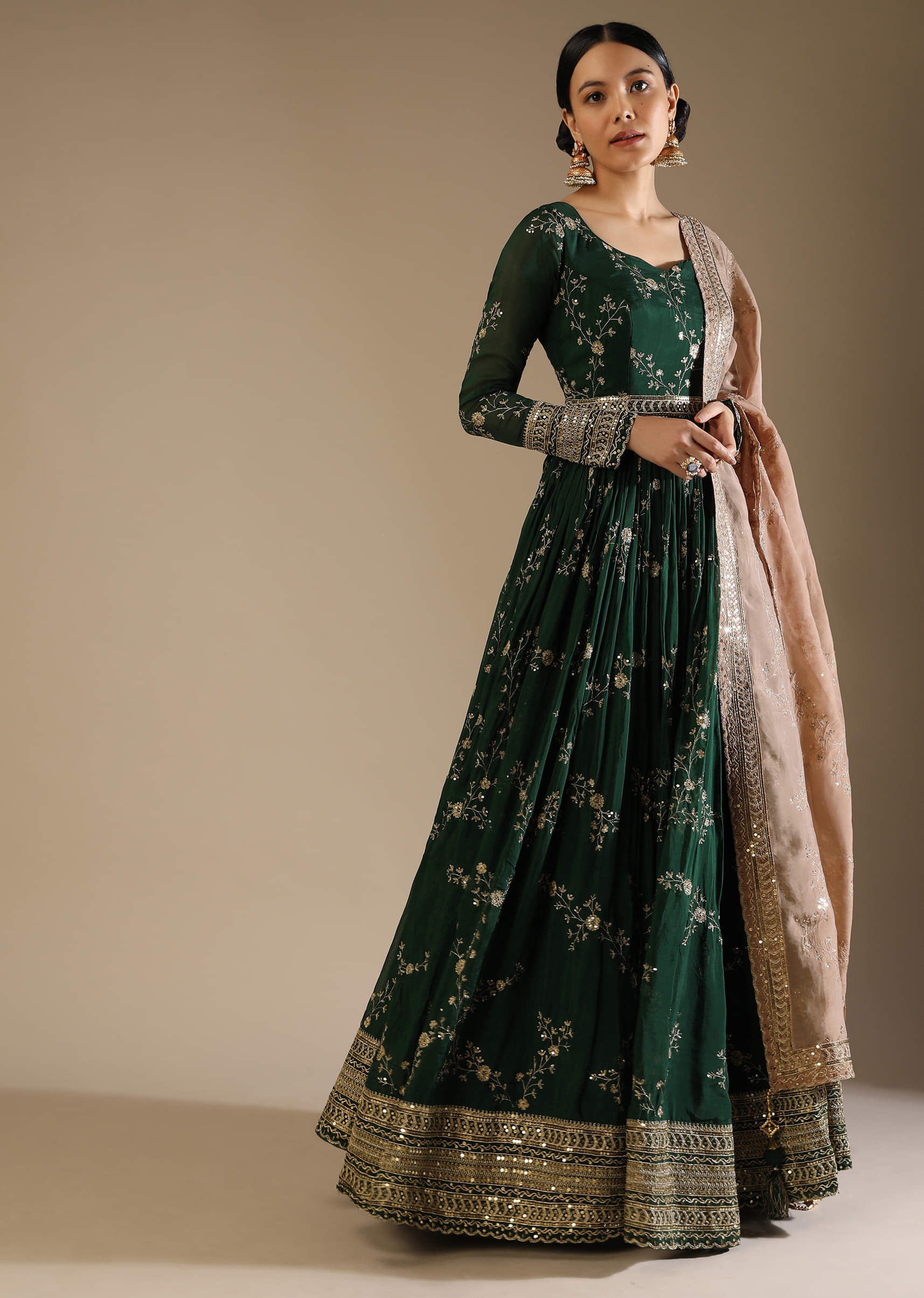 KALKIFashion Bottle Green Anarkali Suit in Silk with Zari and Sequins Embroidered Floral Jaal and A Beige Organza Dupatta