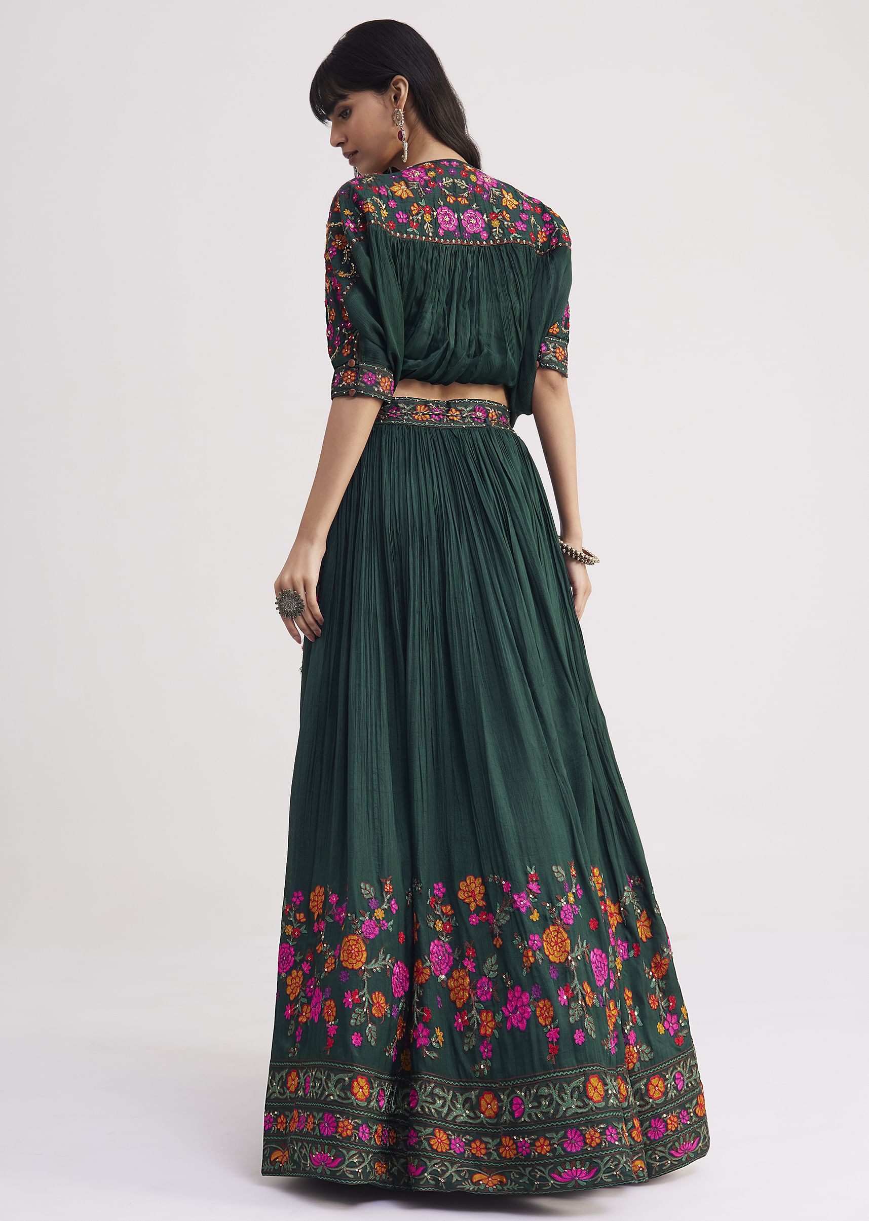 Buy Bottle Green Chiffon Crop Top With Skirt With Colourful