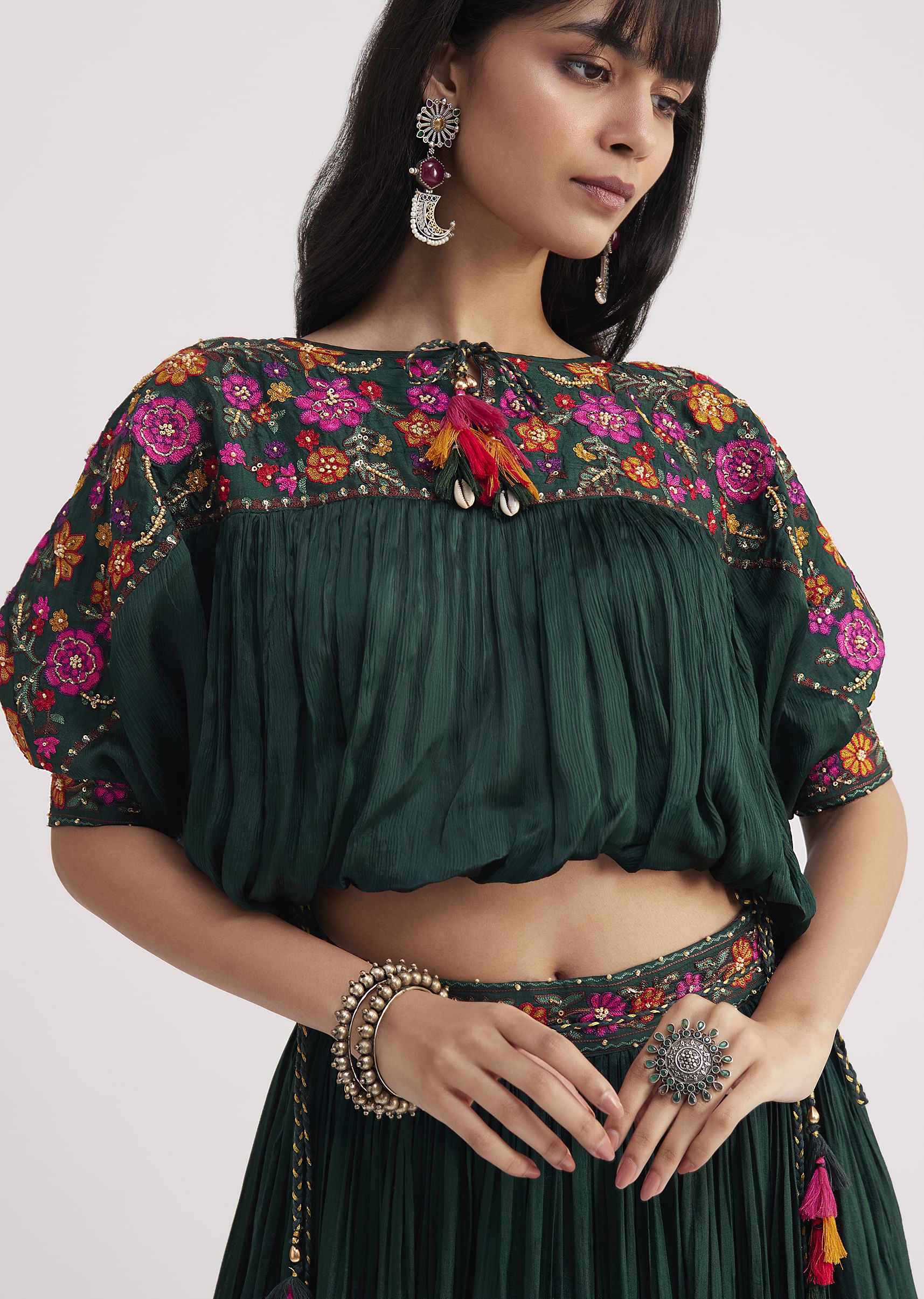Buy Bottle Green Chiffon Crop Top With Skirt With Colourful