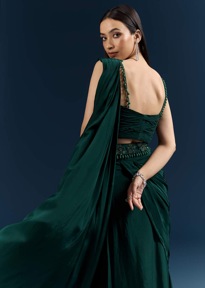 Bottle Green Crepe Ready Pleated Saree With Heavy Embroidery