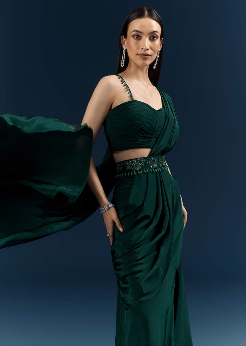 Bottle Green Crepe Ready Pleated Saree With Heavy Embroidery