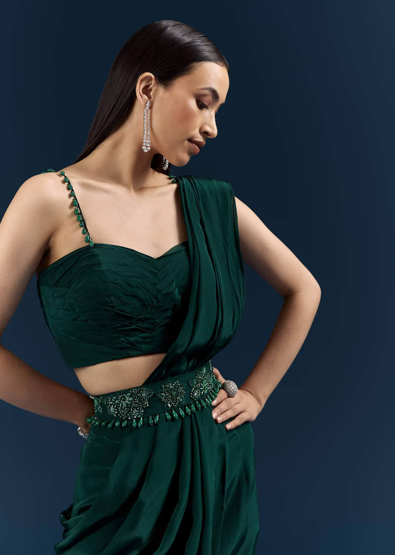 Bottle Green Crepe Ready Pleated Saree With Heavy Embroidery