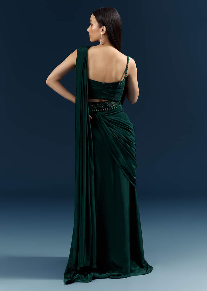 Bottle Green Crepe Ready Pleated Saree With Heavy Embroidery