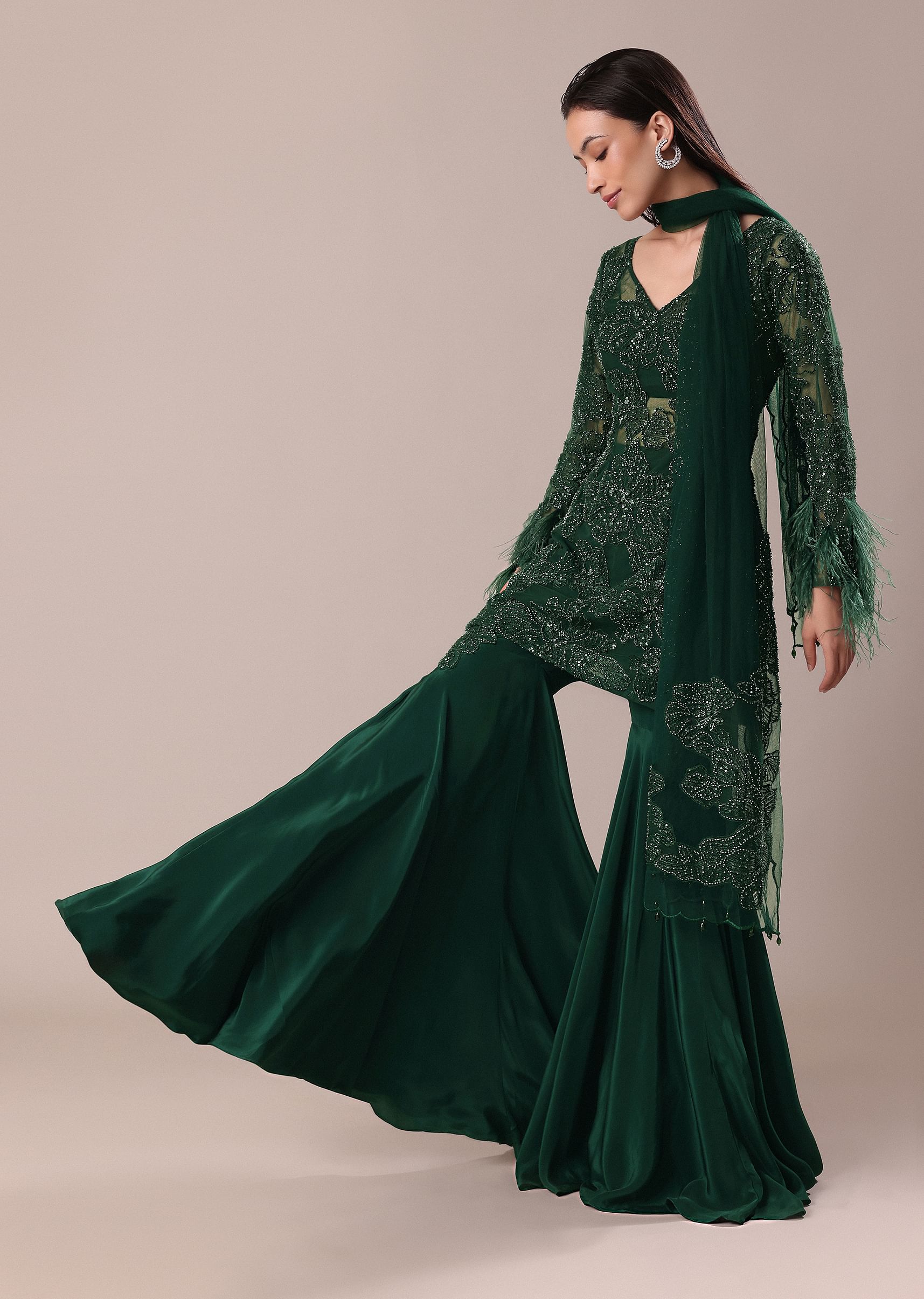 Buy Bottle Green Fancy Sequins Palazzo Suit Online in India