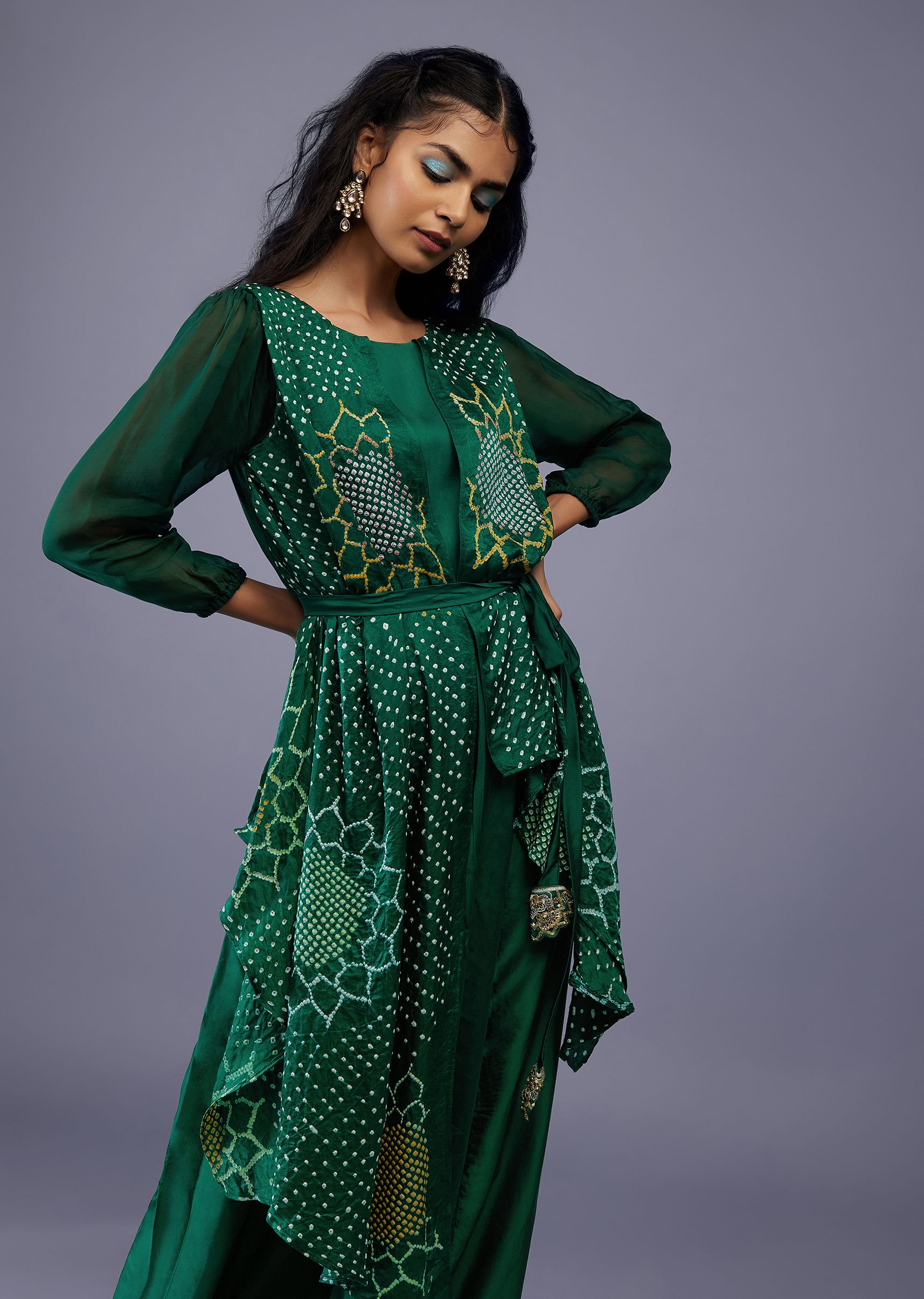 Buy Bottle Green Gajji Silk Attached Shrug with Silk Jumpsuit Online in India