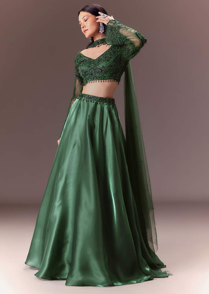 Bottle Green Organza Lehenga Set With Hand Work