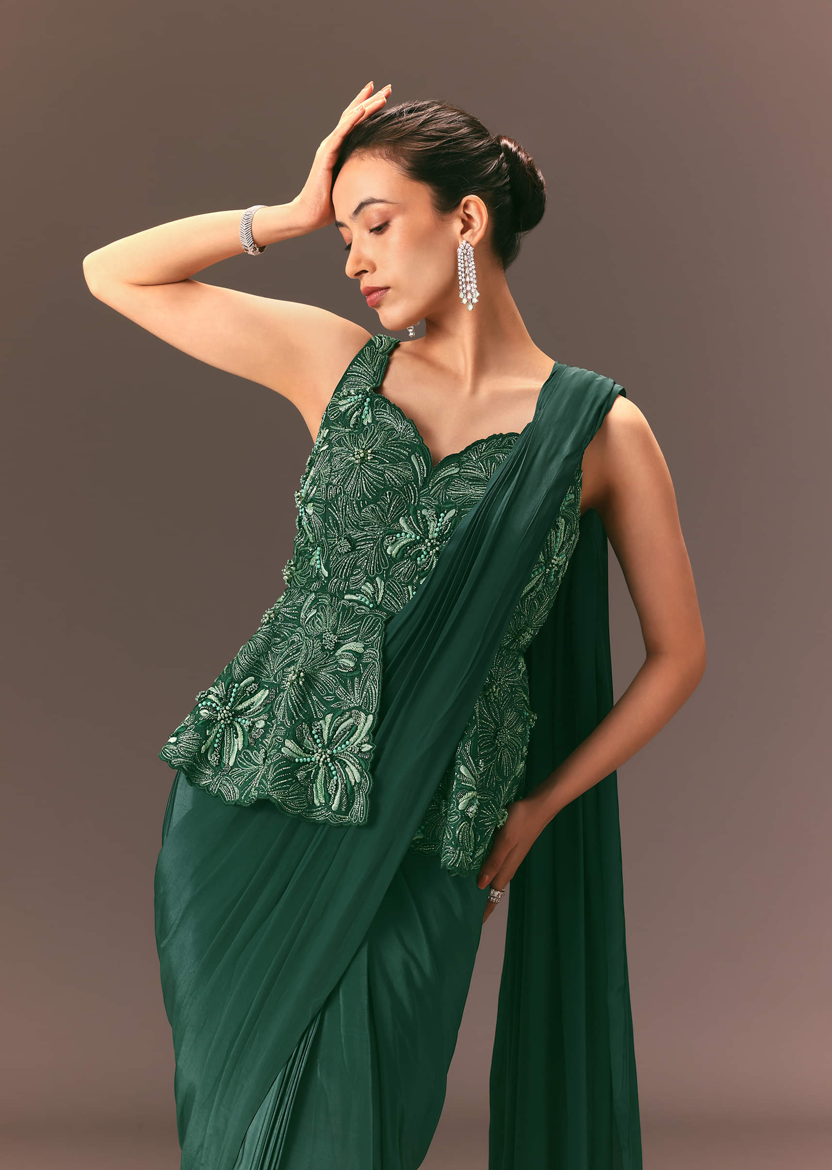 Buy Bottle Green Raw Silk Pre Stitched Saree With Peplum Blouse KALKI Fashion Global