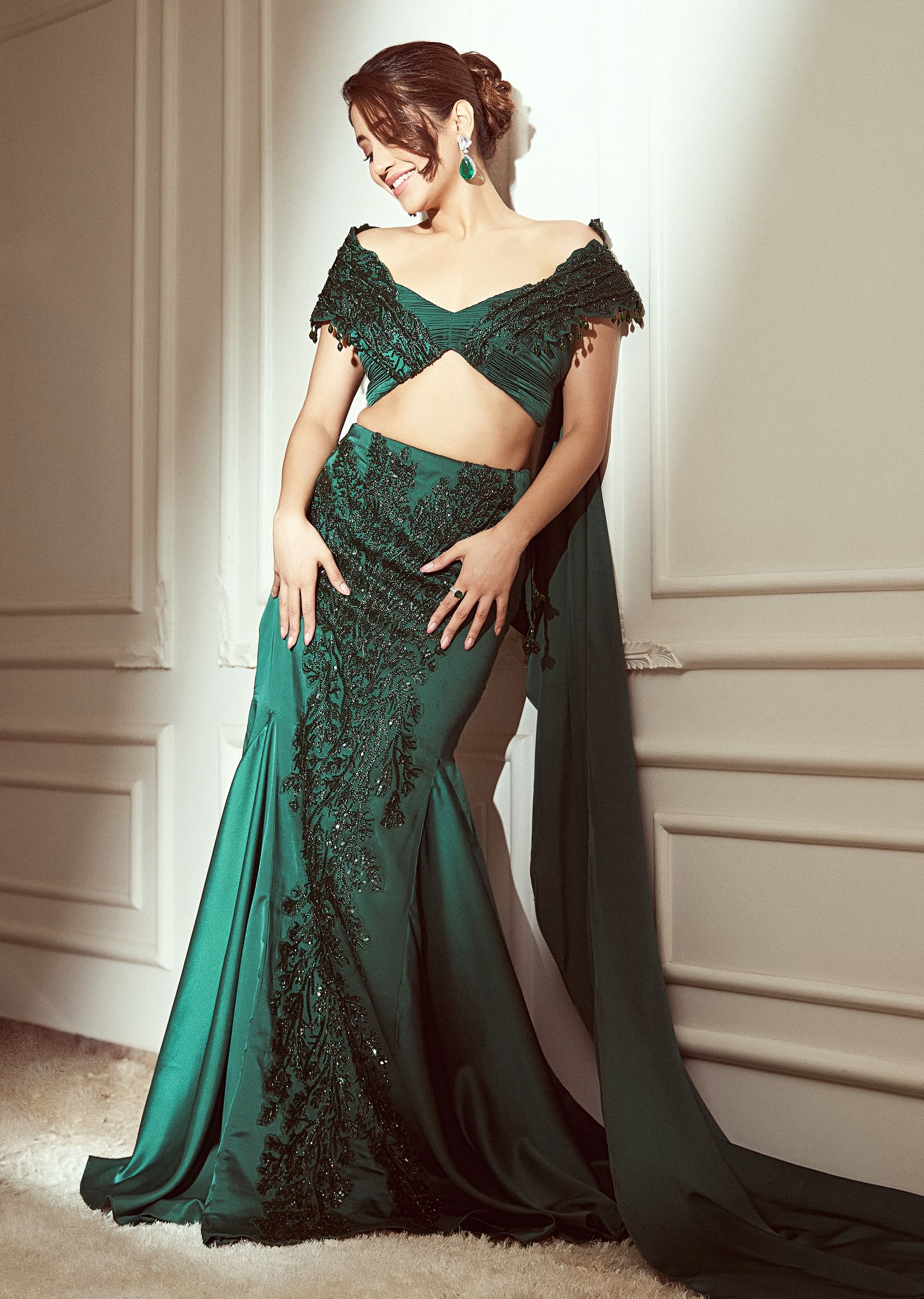 Buy Bottle Green Shoulder Sleeve Blouse With Skirt And Dupatta