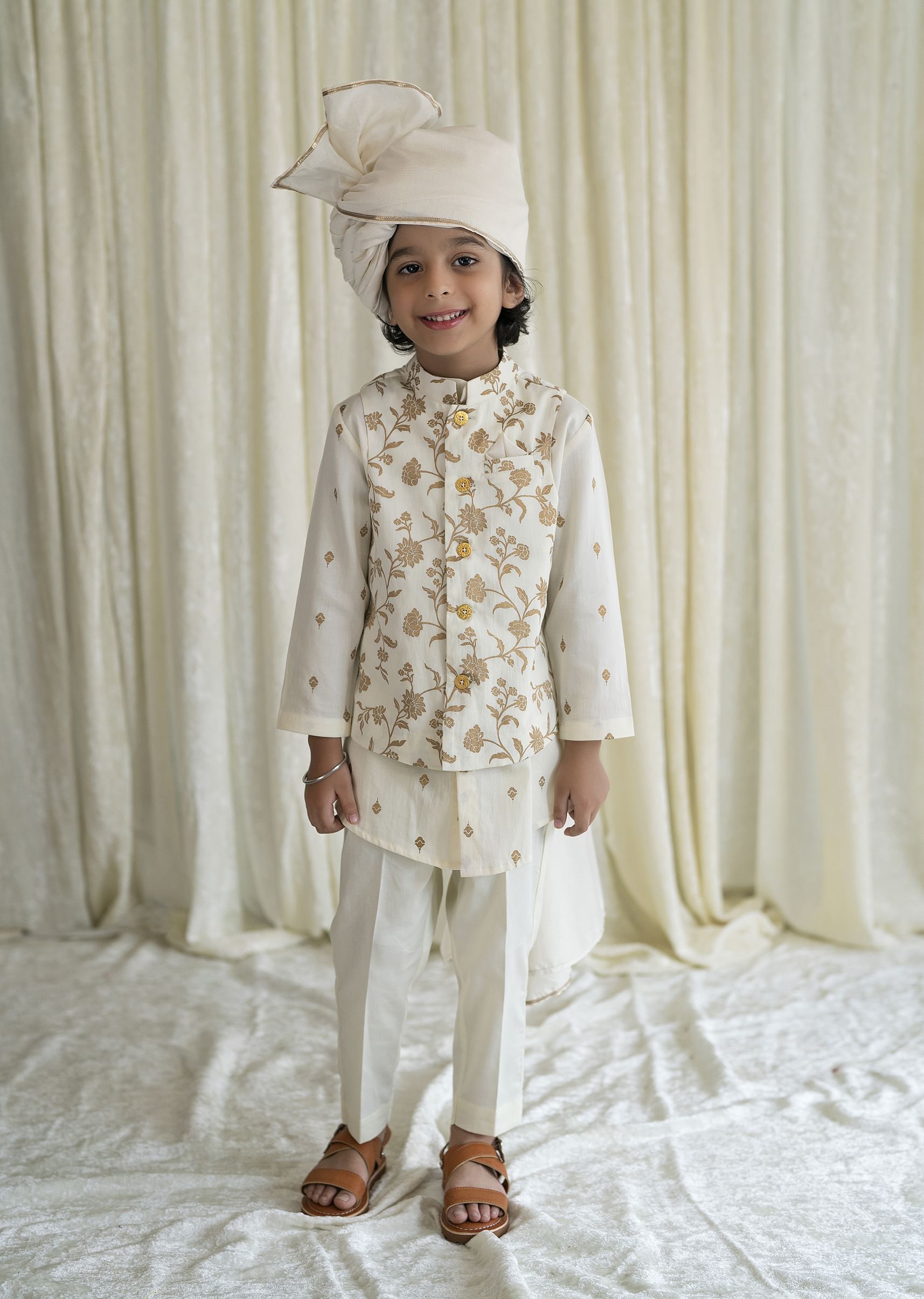 Buy Kalki Boys 3 Pc Cream White Bandhgala Bundi Kurta Set Embroidered KALKI Fashion India