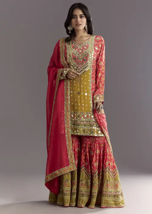 Bright Coral Pink Printed Leather Patch Kurta Sharara With Organza Dupatta