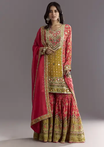 Bright Coral Pink Printed Leather Patch Kurta Sharara With Organza Dupatta