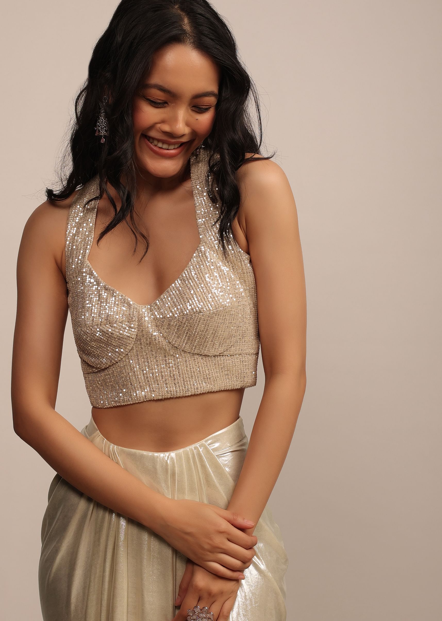 Buy Bright Gold Sleeveless Blouse In Sequins KALKI Fashion India
