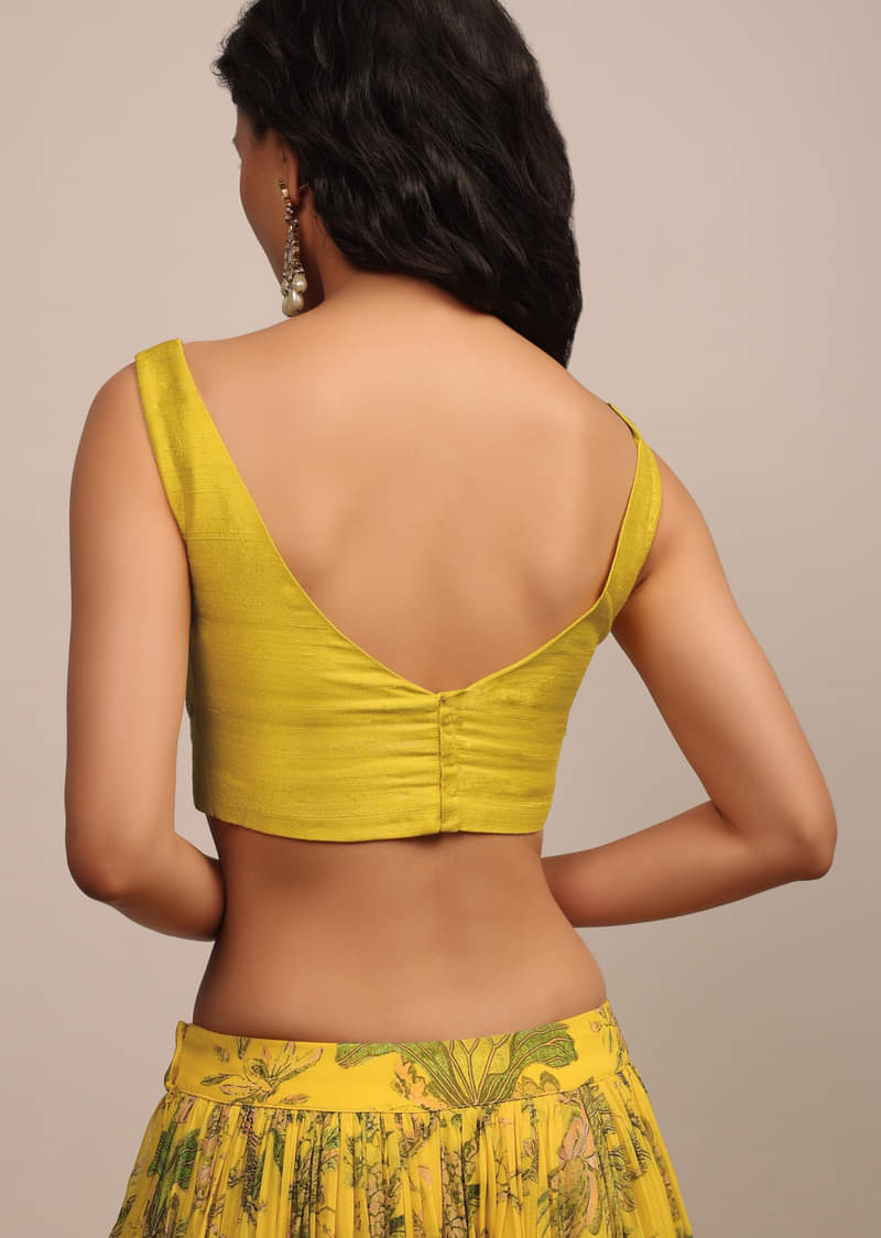 Bright Yellow Sleeveless Blouse With Sweetheart Neckline In Raw Silk