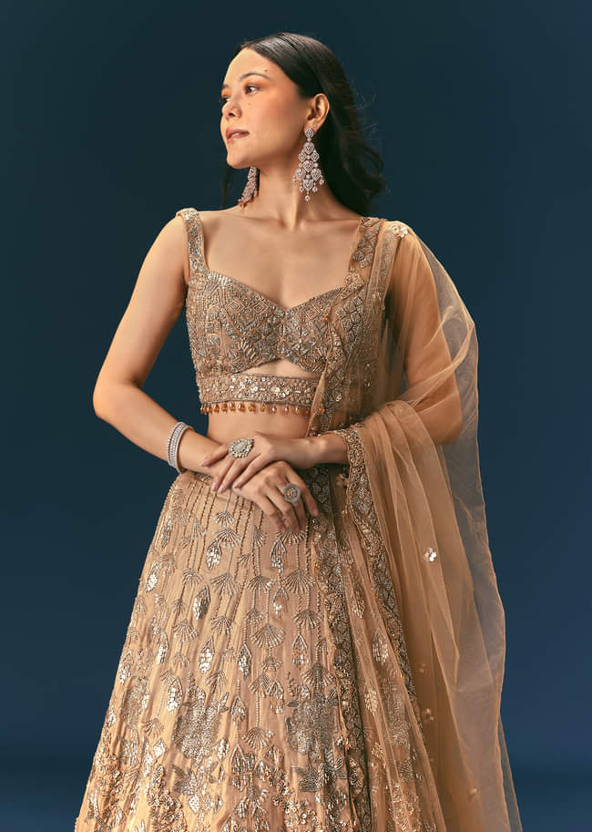 Bronze Organza Lehenga Set With Hand Work