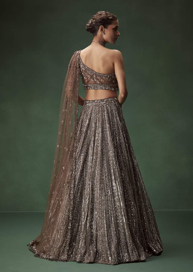 Brown One Shoulder Bridal Lehenga Set With All Over Sequins