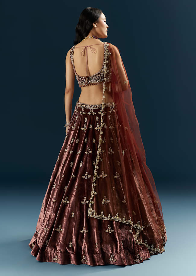 Brown Velvet Bridal Lehenga With Rose Gold Embroidery