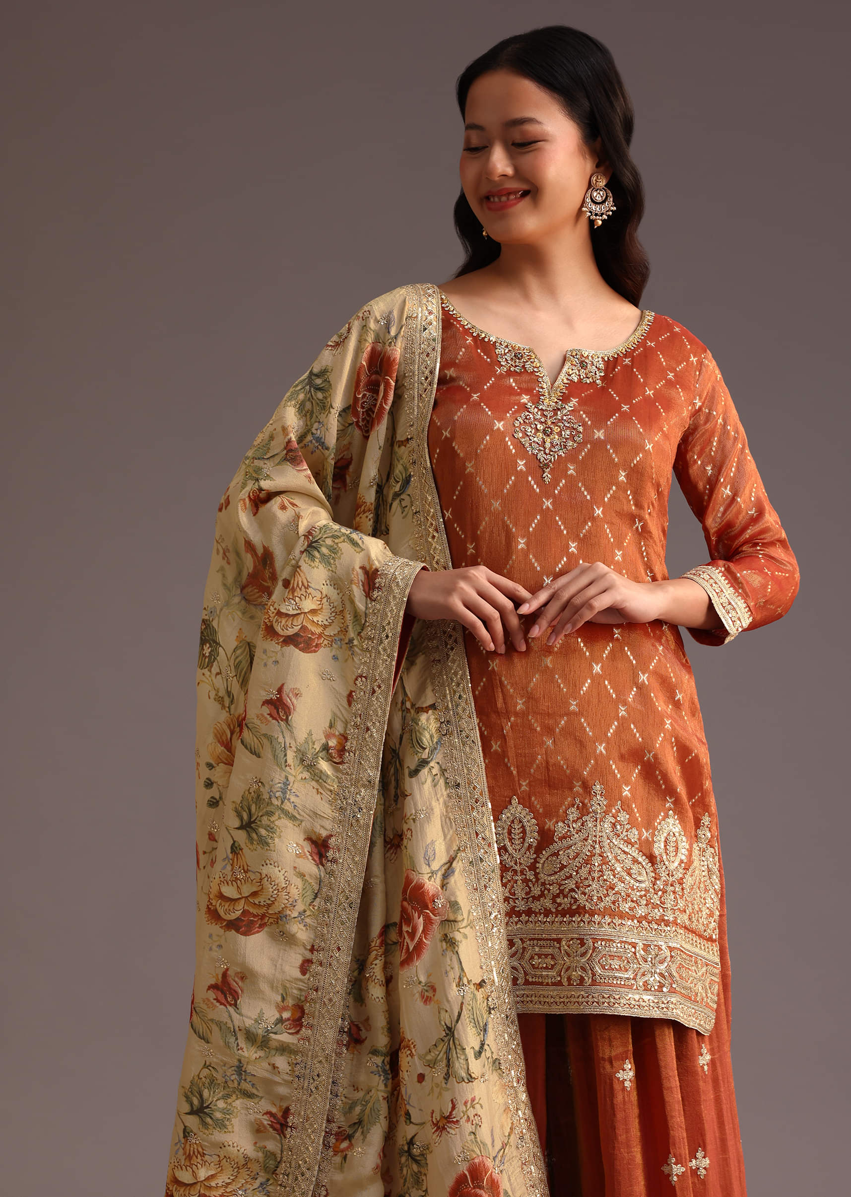 Buy Brown And Gold Embroidered Palazzo Suit With Dupatta KALKI Fashion Global