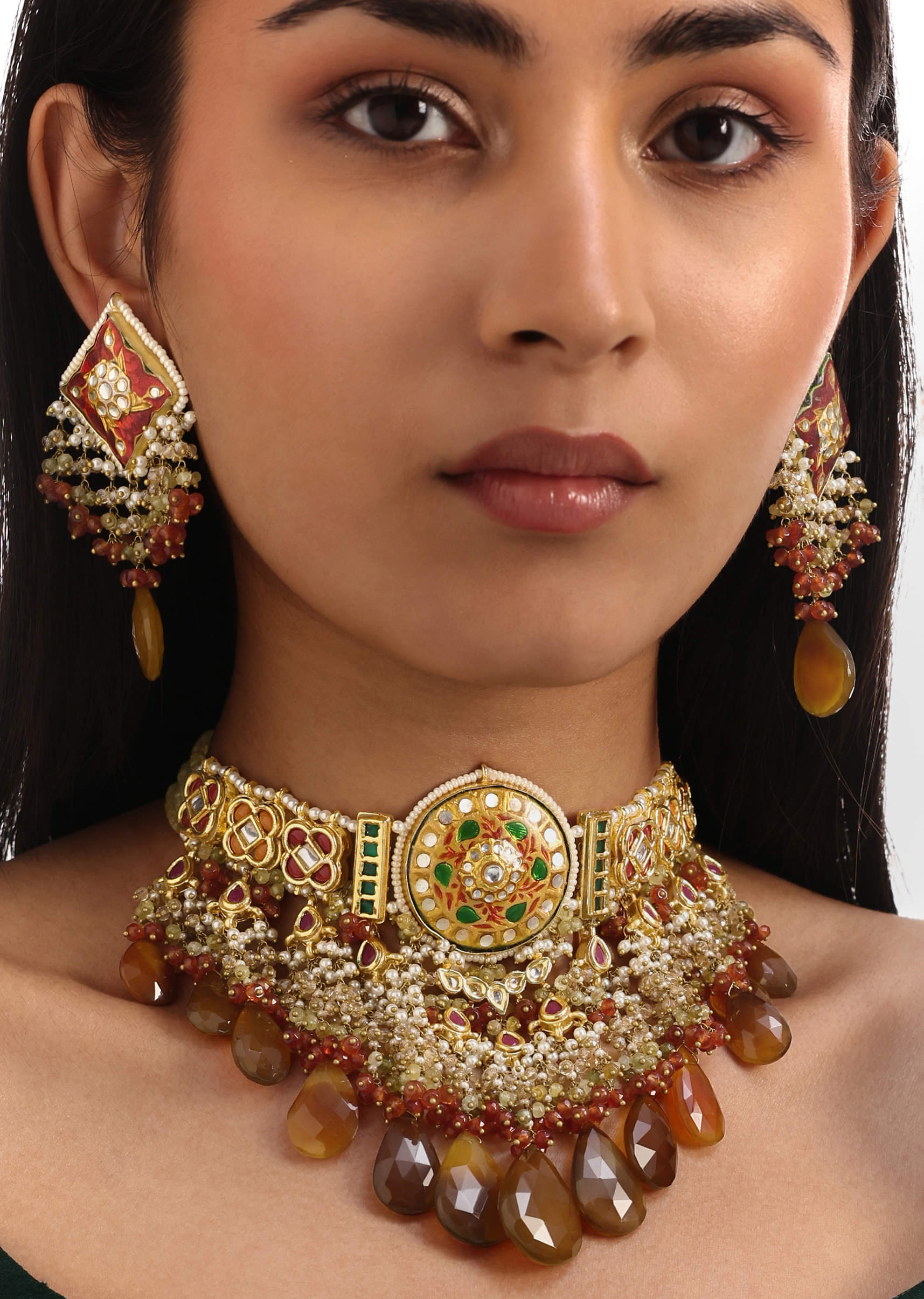 Buy Brown And Gold Meenakari Kundan Necklace Set