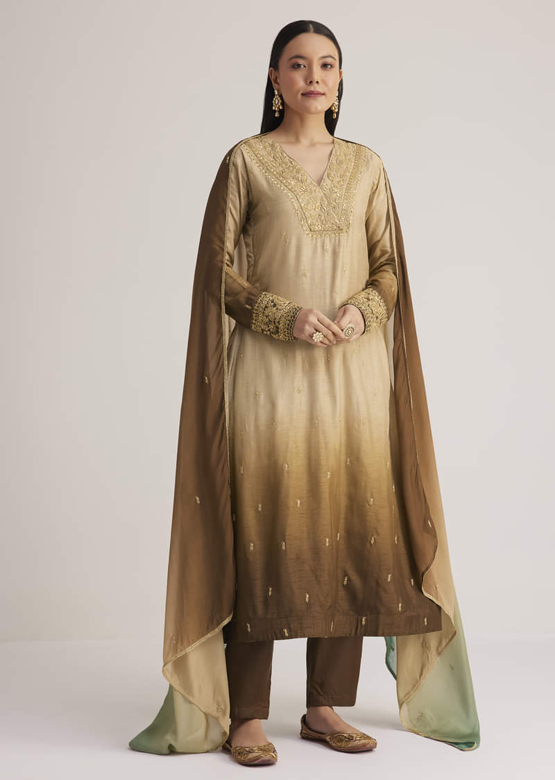 Brown Ombre Embroidered Suit