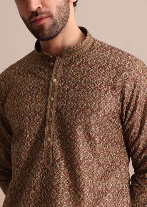 Buy Brown Printed Silk Kurta Set For Men KALKI Fashion India