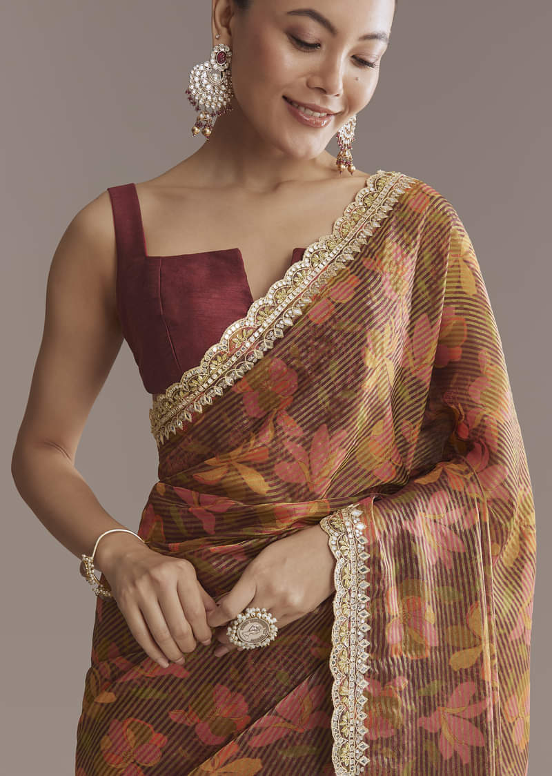 Brown Printed Tissue Lurex Saree With Zari Mirror And Cutdana Embroidery